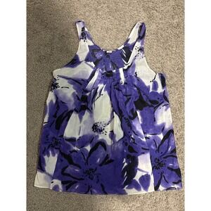 Calvin‎ Klein Purple Floral Pleated Scoop Neck Sleeveless Cotton Tank Top Small